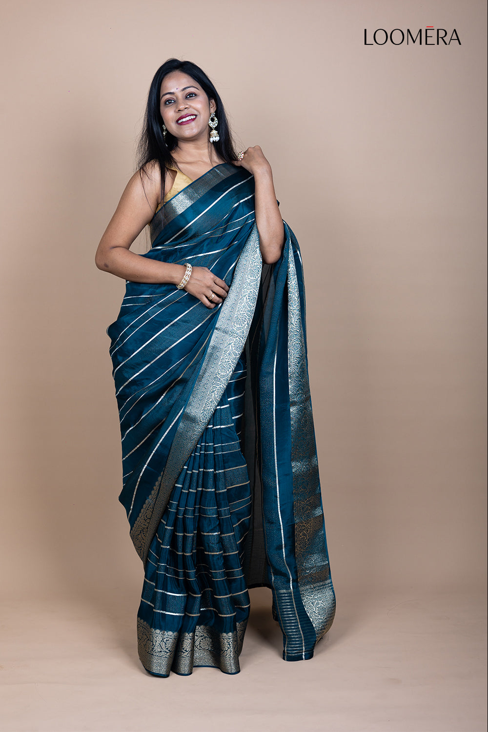 Prussian Blue Saree with Silver Zari Lines and Floral Zari Border