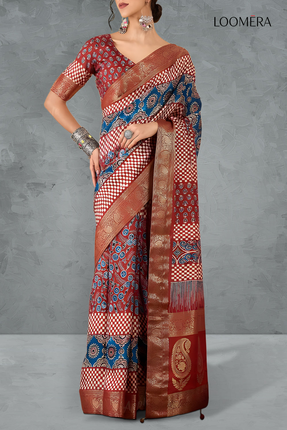 Pure Ajrakh Printed Multicolor Saree