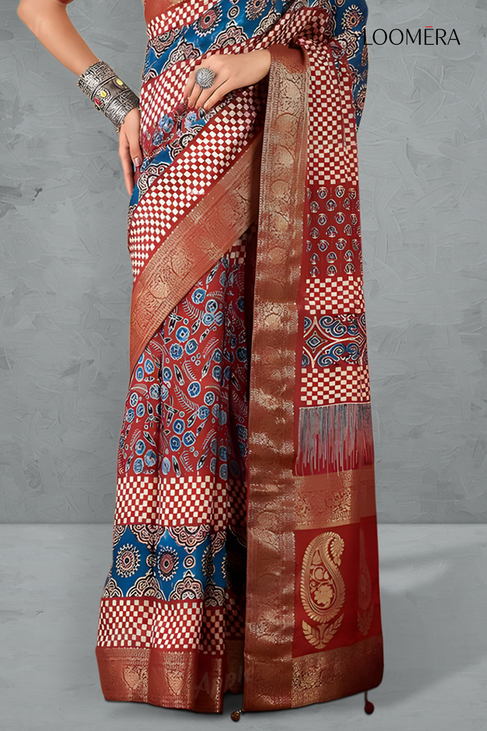 Pure Ajrakh Saree with Copper Zari work