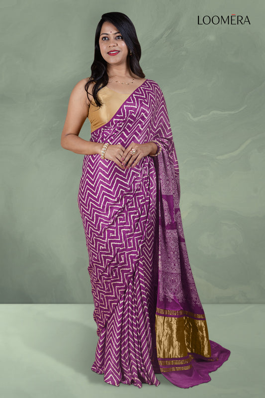 Purple Ajrakh Modal Silk Saree with Hand Block Print