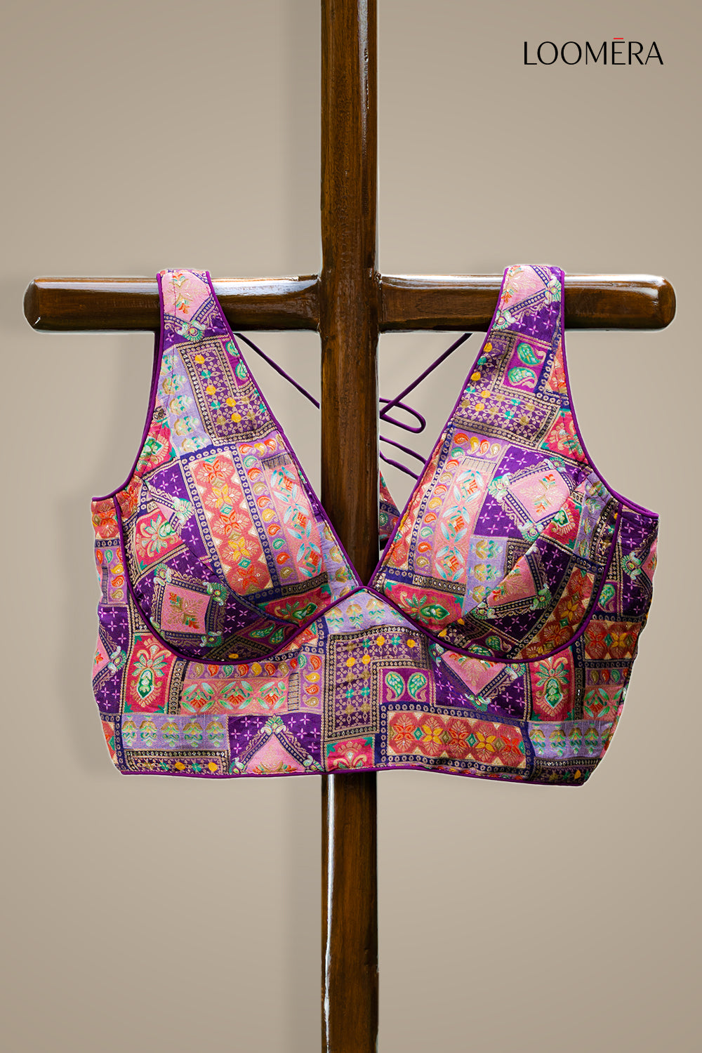 Purple Multicolor V Neck Blouse