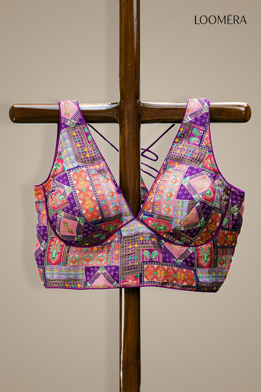 Purple Multicolor V Neck Blouse