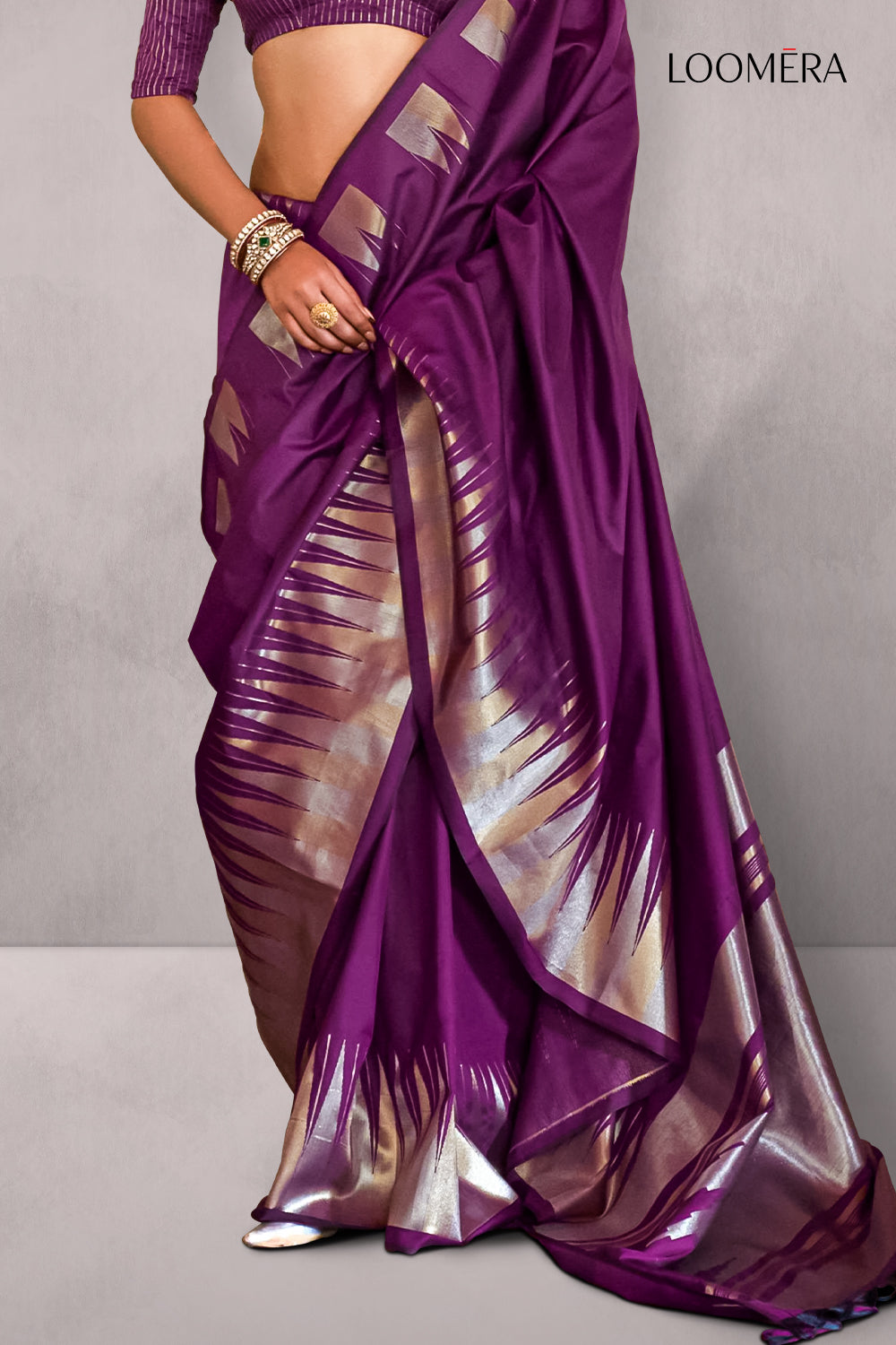 Purple Saree woth godlen and Silver Border