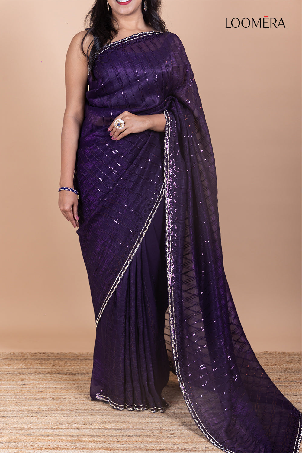 Purple Simar Net Saree with Stone and Sequins Work