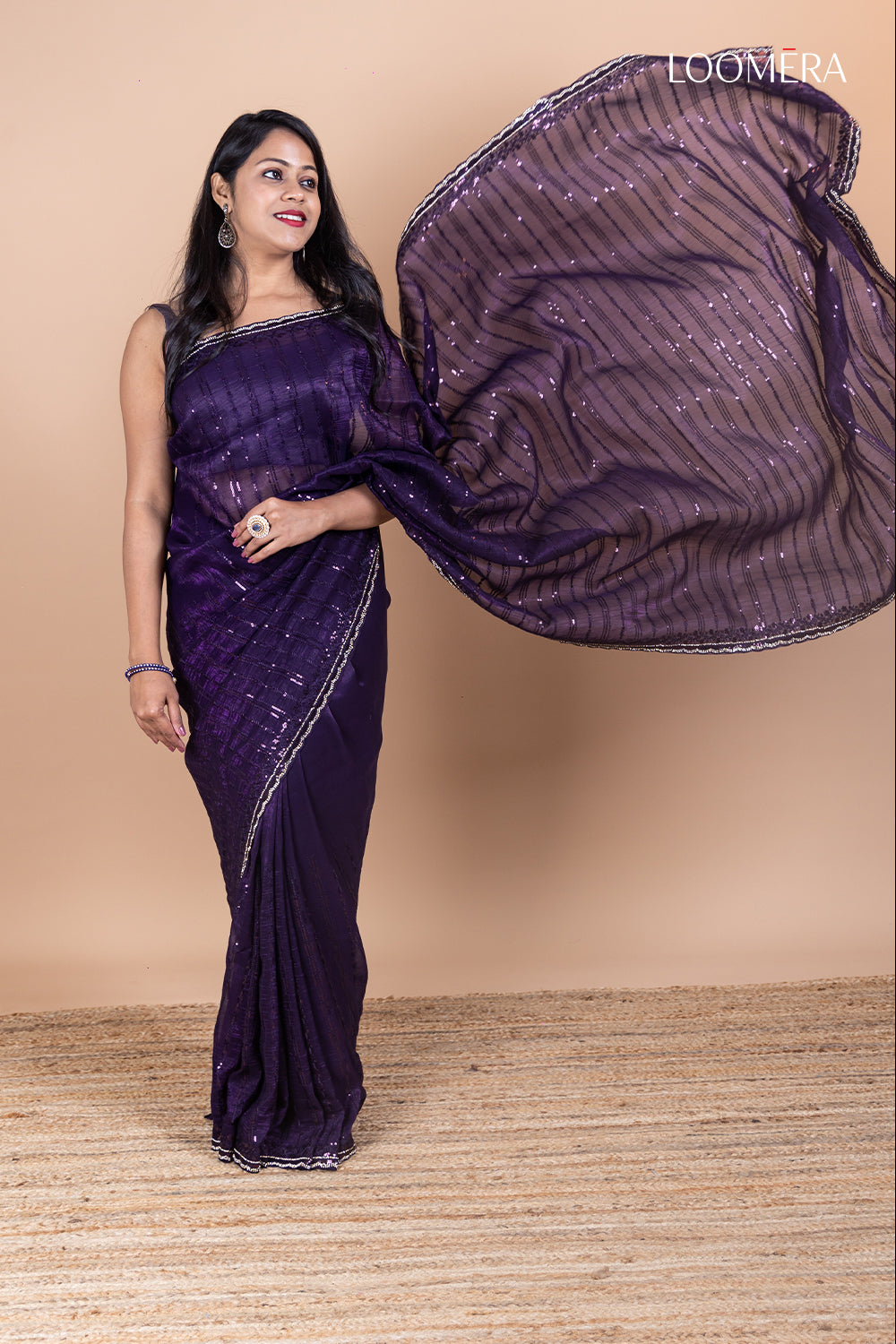 Purple Simar Net Saree with Stone Work