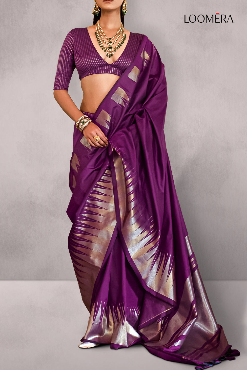 Purple Soft Silk Saree with Golden and Silver Border