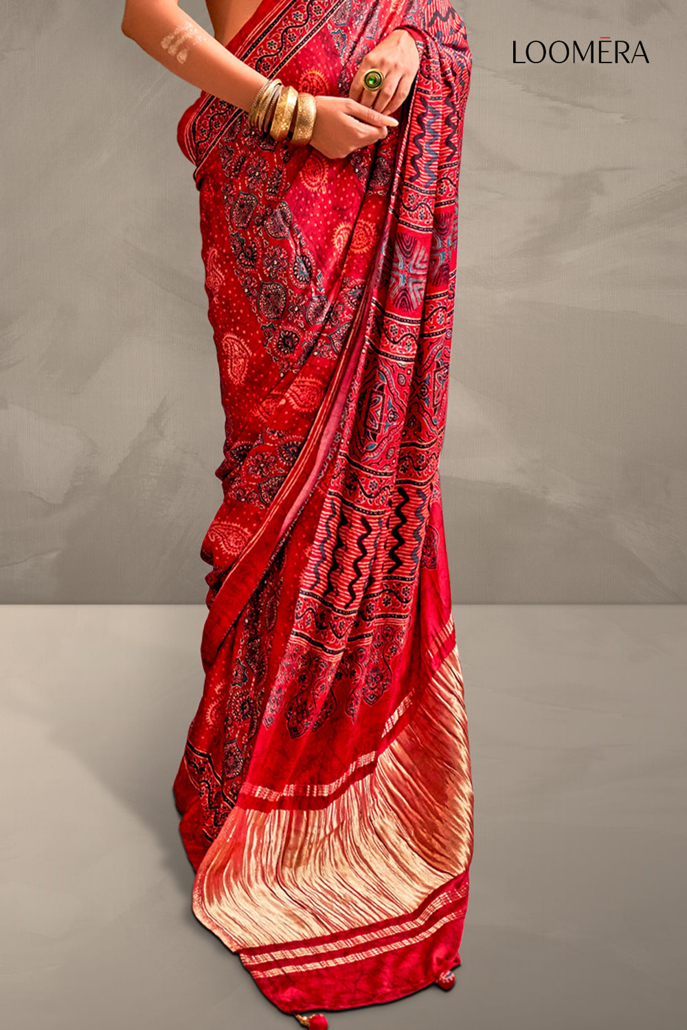 Red Ajrakh Design Gaji Silk Saree