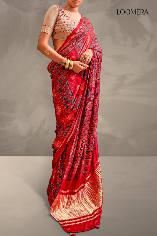 Red Ajrakh Design Silk Saree