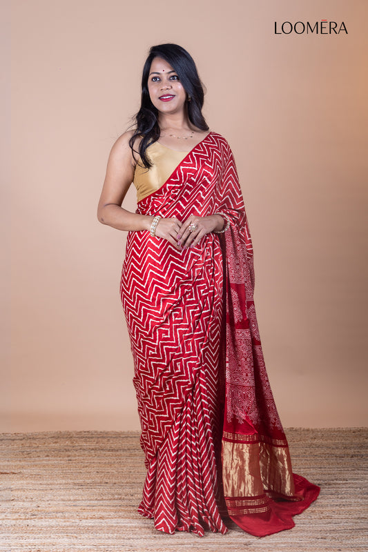 Red Ajrakh Modal Silk Saree