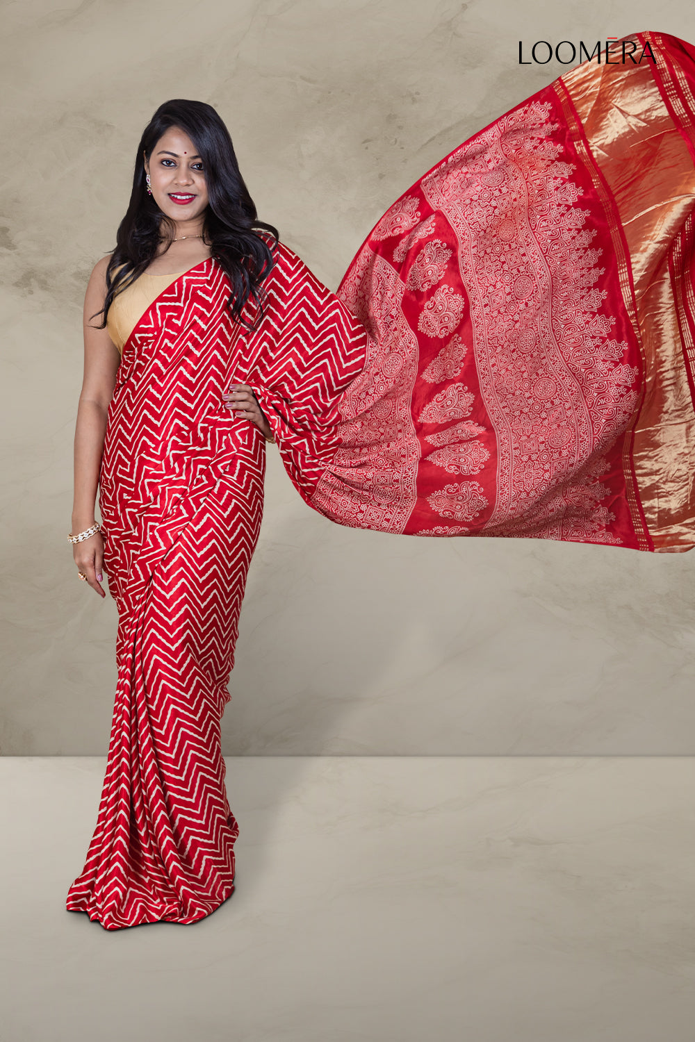 Red Ajrakh Modal Silk Saree