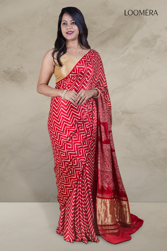 Red Ajrakh Saree