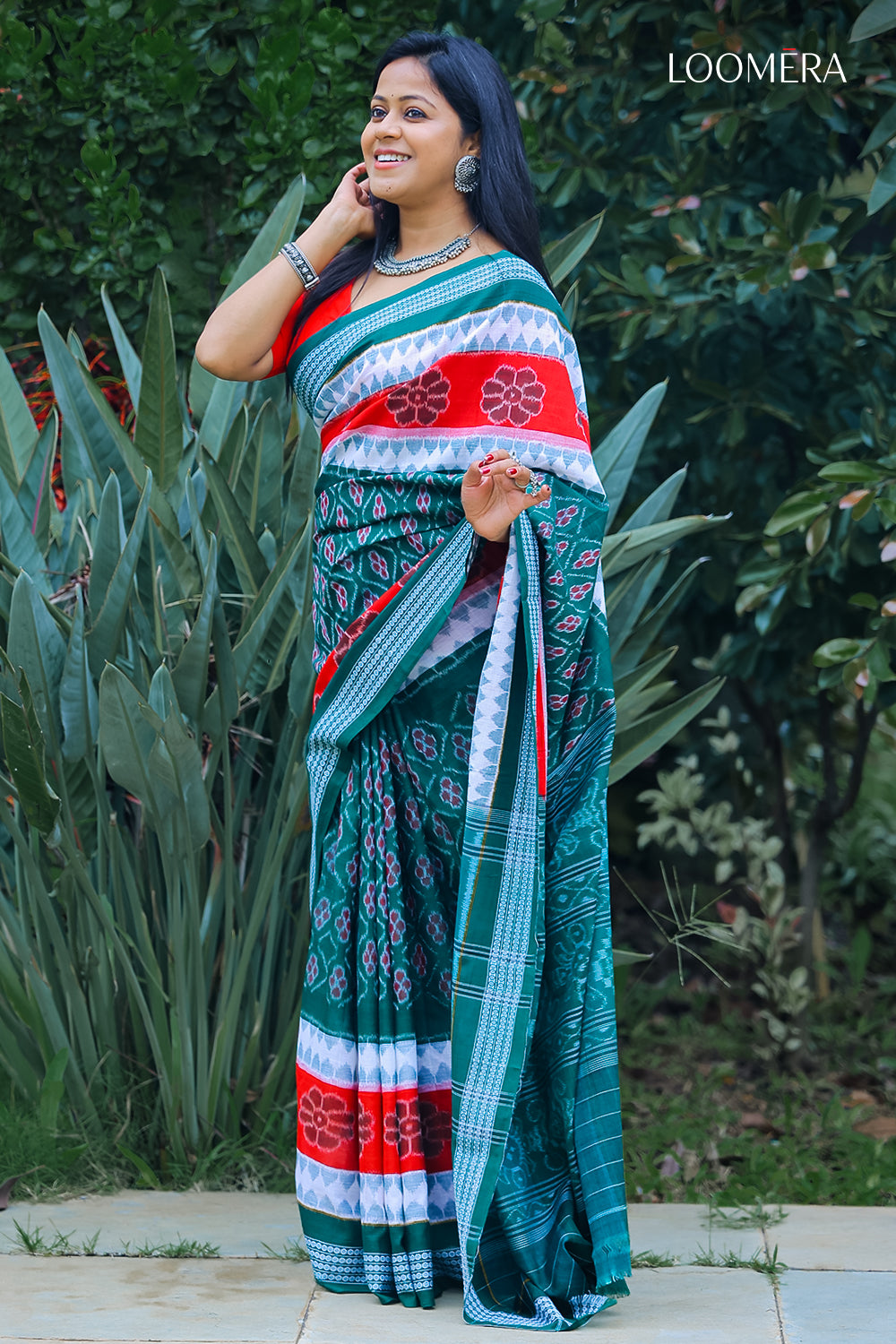 Red and Green Handloom Ikat Saree