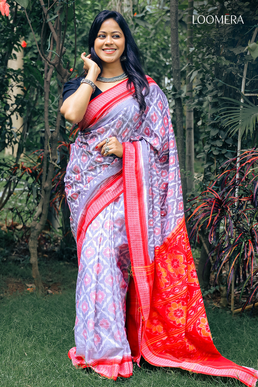 Red and Lavender Ikat Handloom Saree