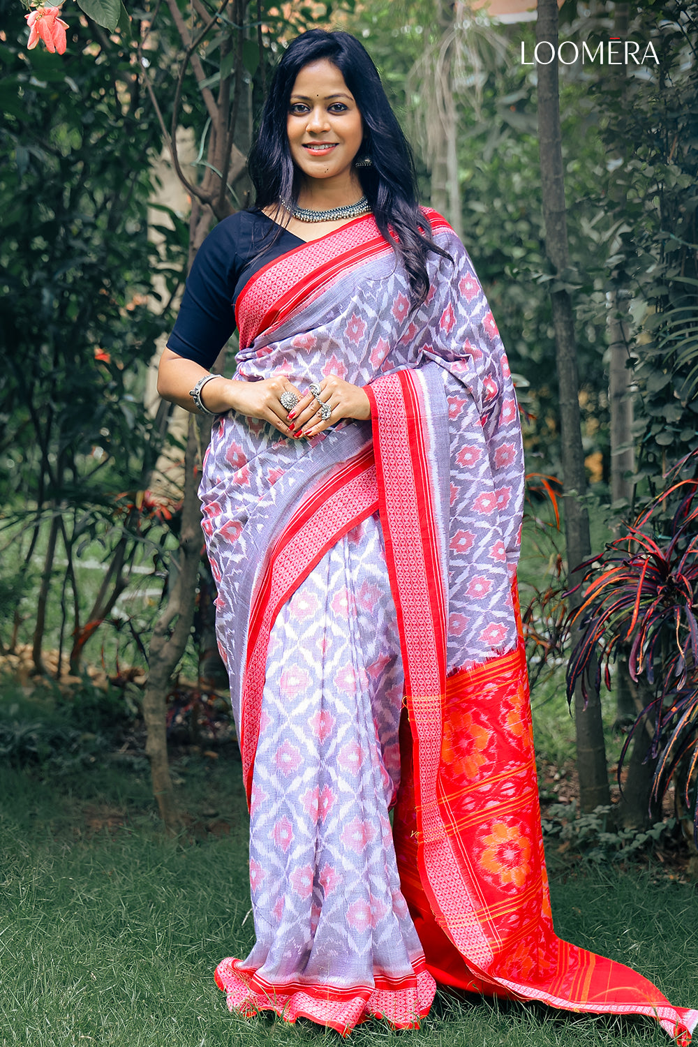 Red and Lavender Ikat Saree
