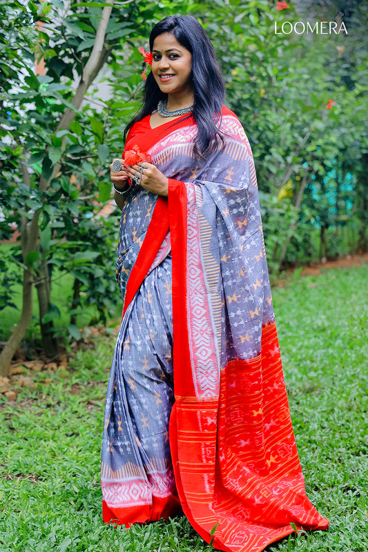 Red and Light Blue Cotton Saree