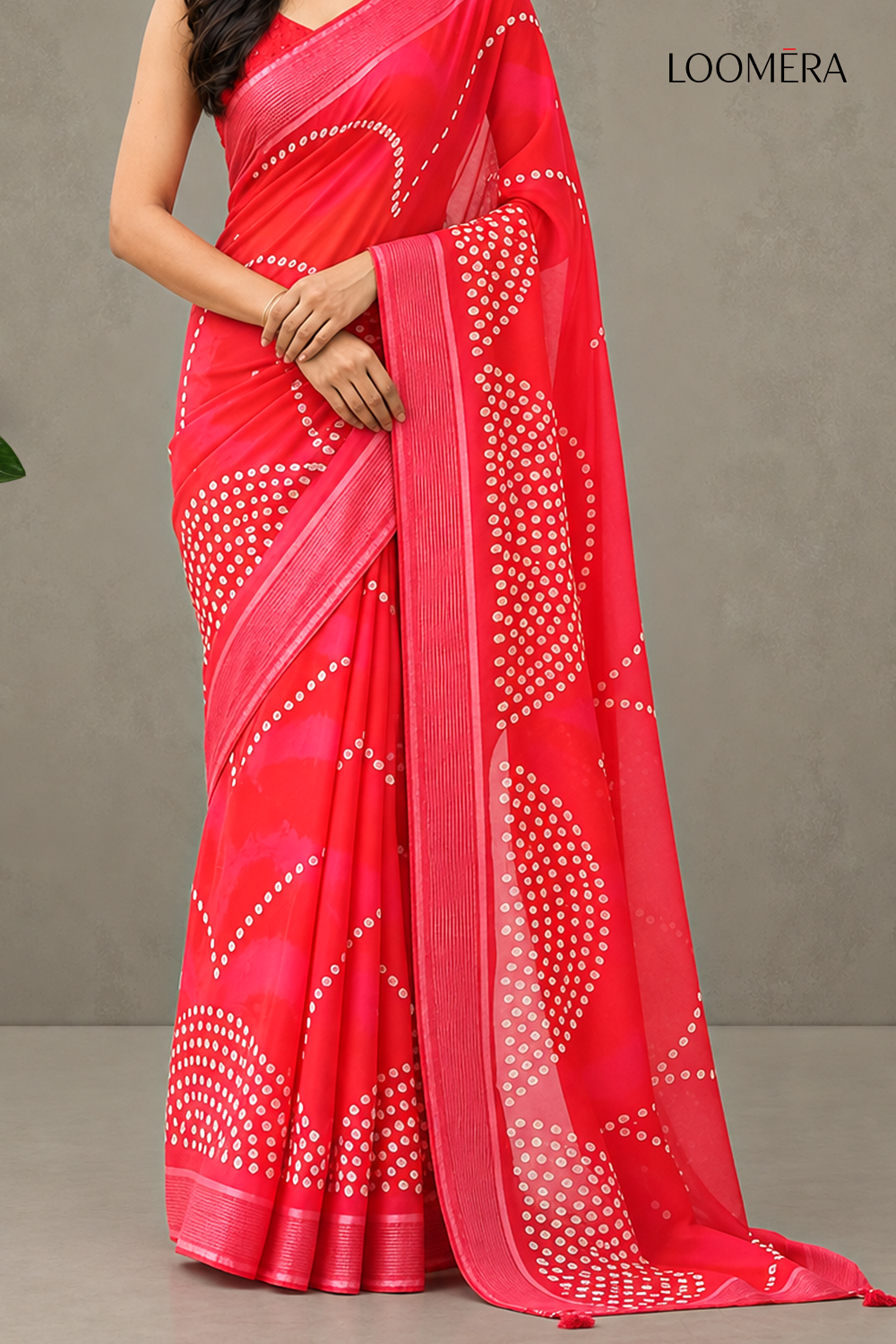 Red Georgette Saree with White Prints