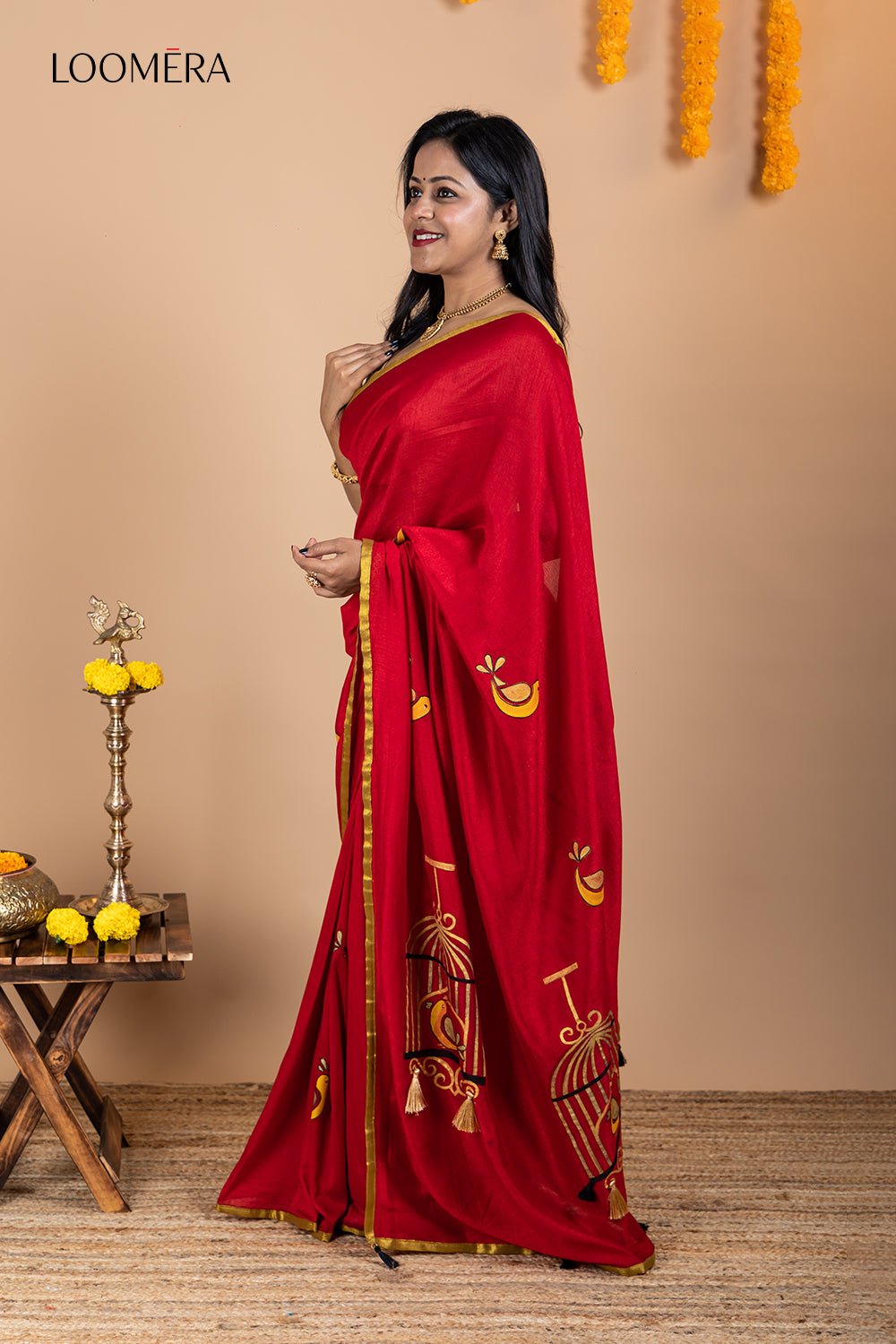 Red Hand Painted Saree