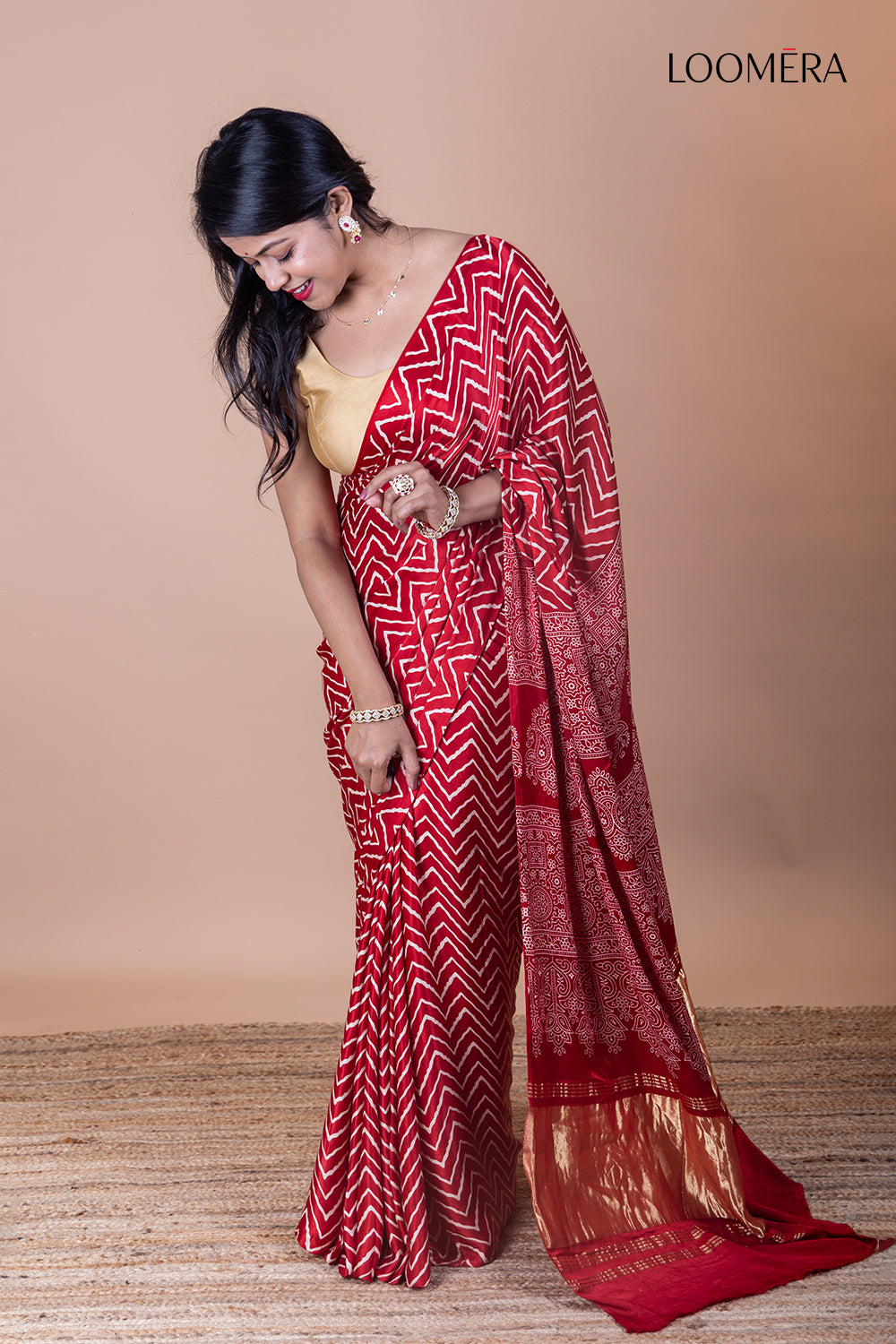 Red Modal Silk Saree with Hand Block Print