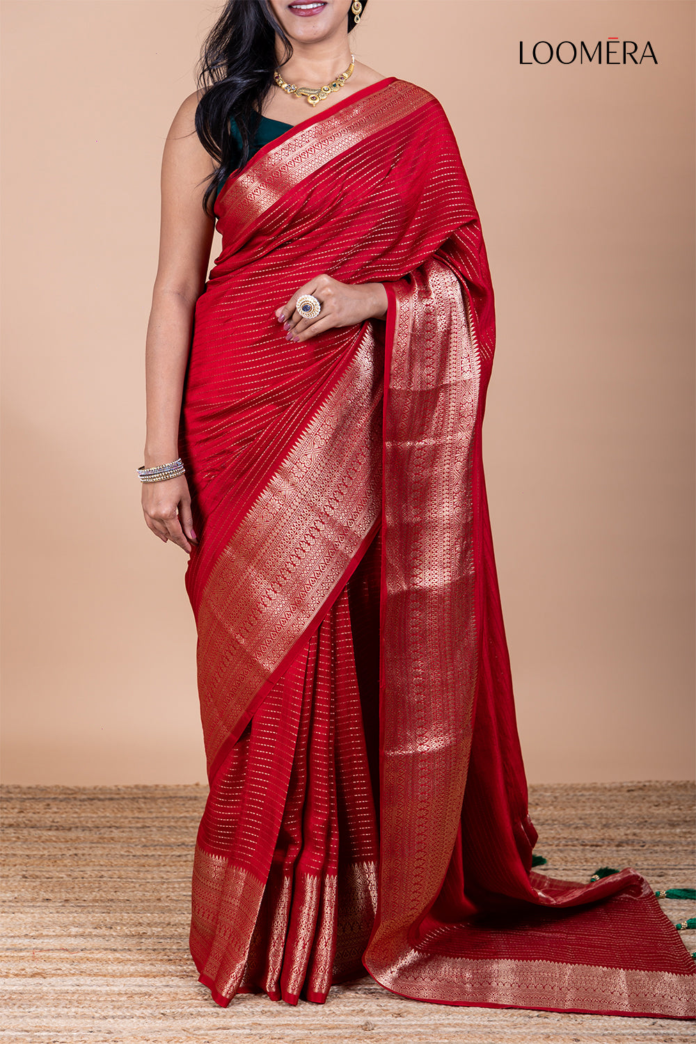 Red Russian Silk Saree with Golden Zari Border