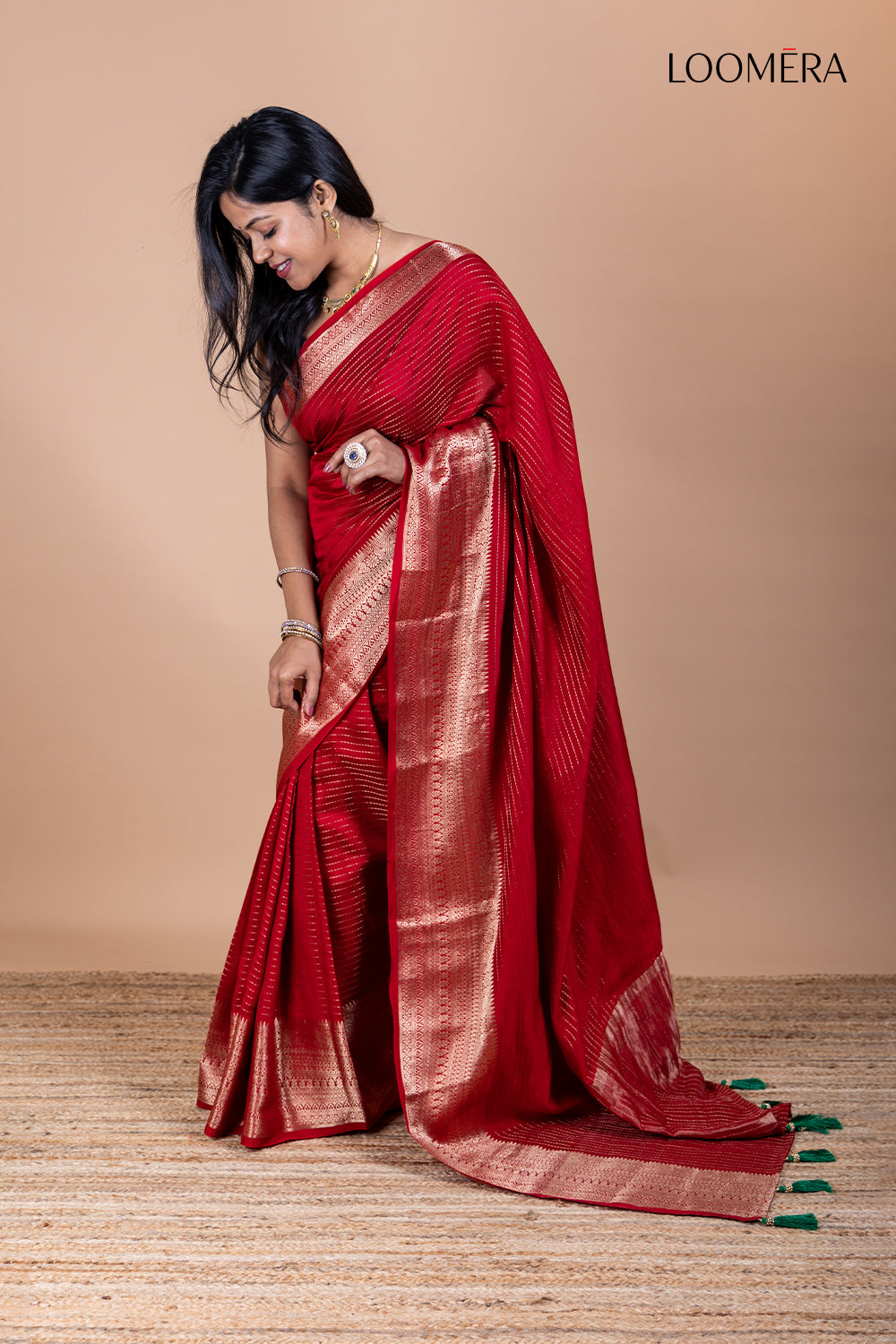 Red Russian Silk Saree with Zari Border