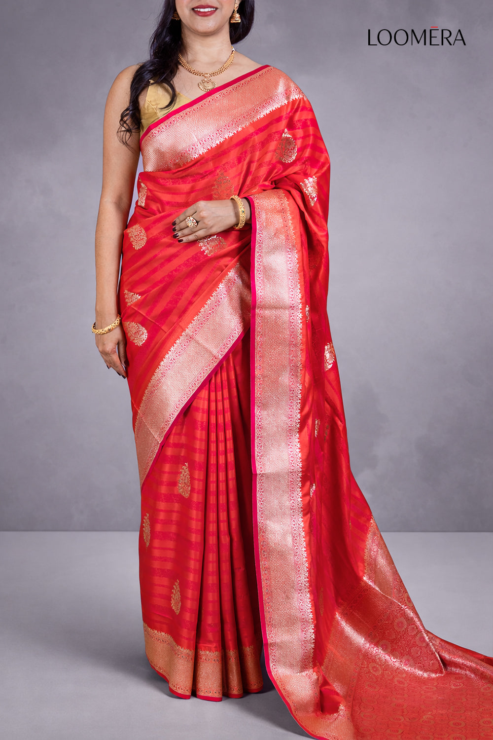 Red Saree with Floral Buttas