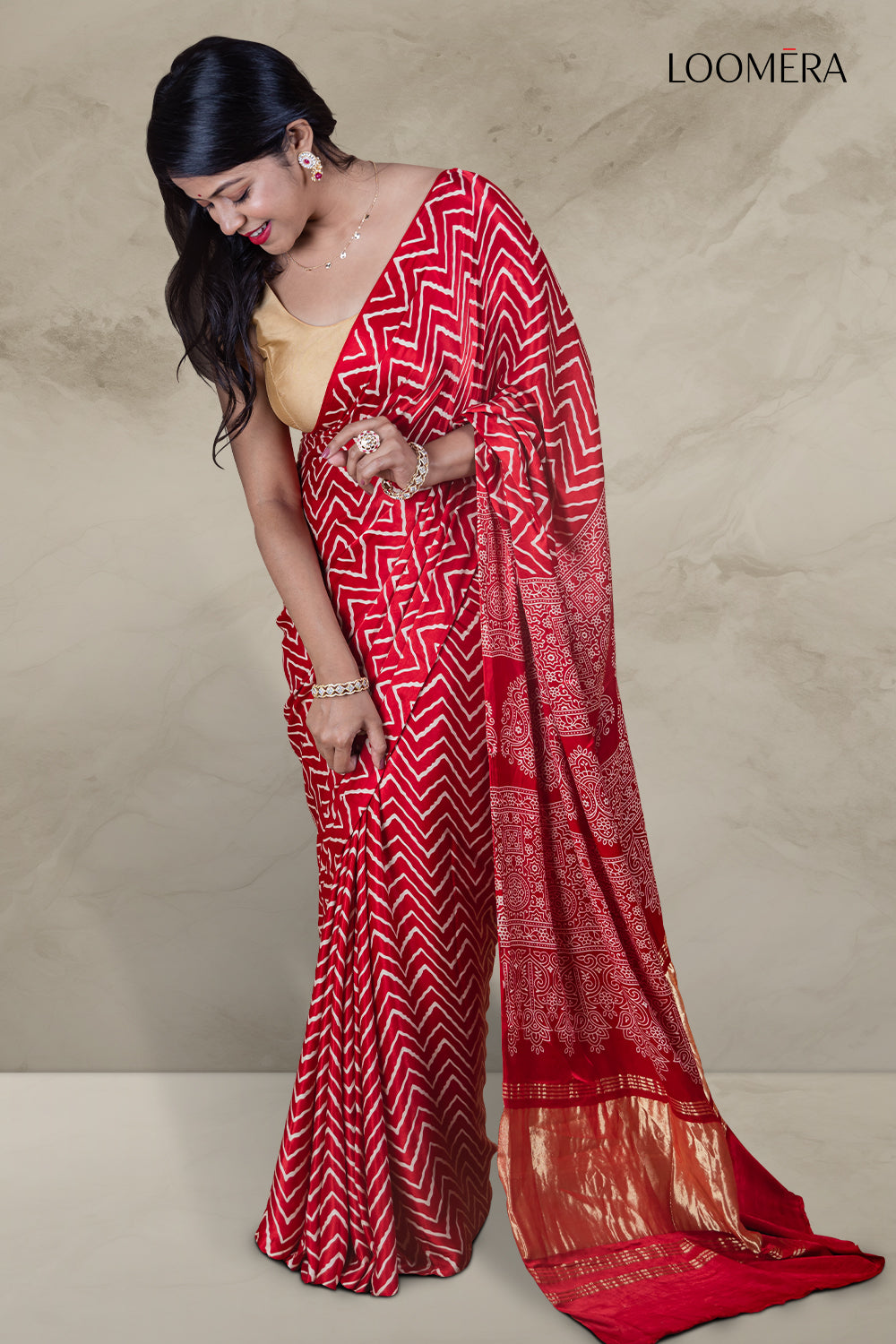 Red Saree with Hand Block Print