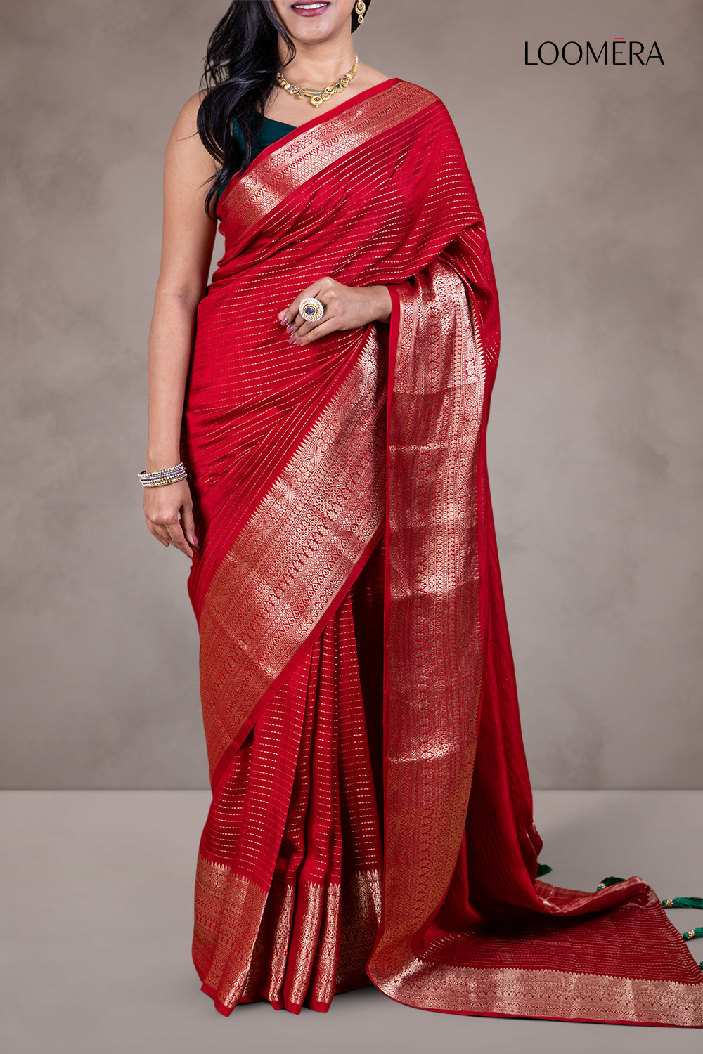 Red Semi Silk Saree with Stripes