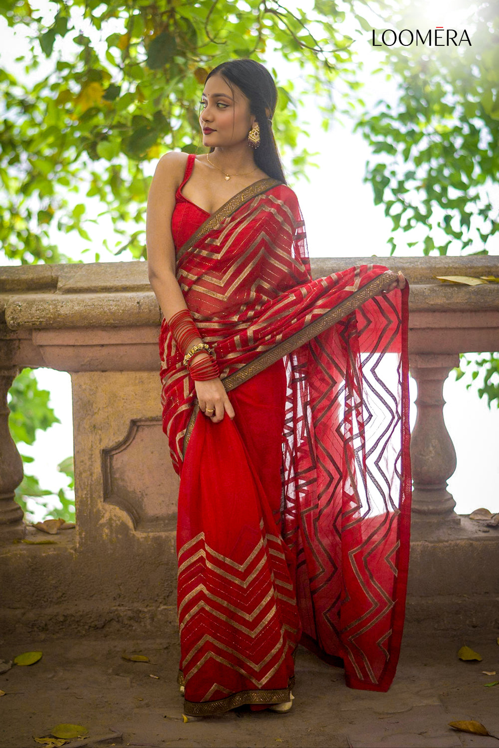 Red Stone Border Organza Saree