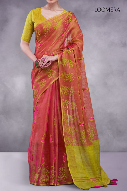 Reddish Pink Cotton Silk Saree
