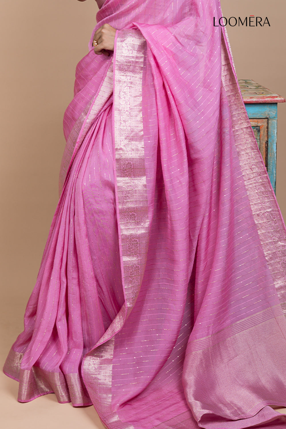 Rose Pink Floral Zari Border Saree