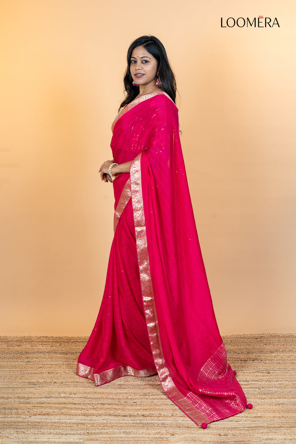 Ruby Red Viscose Silk Saree with Zari Border