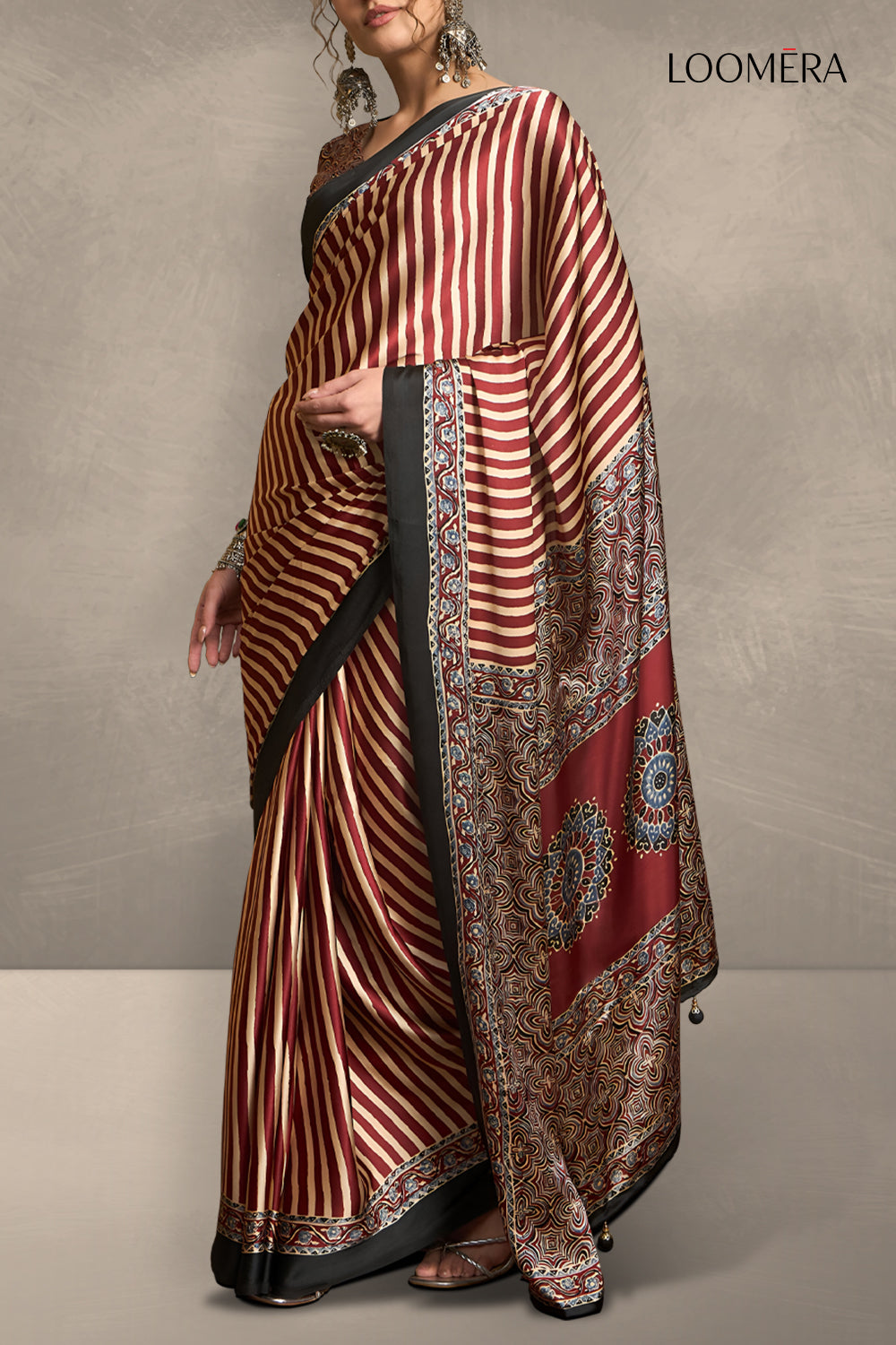 Rustic Maroon Saree with Ajrakh Prints