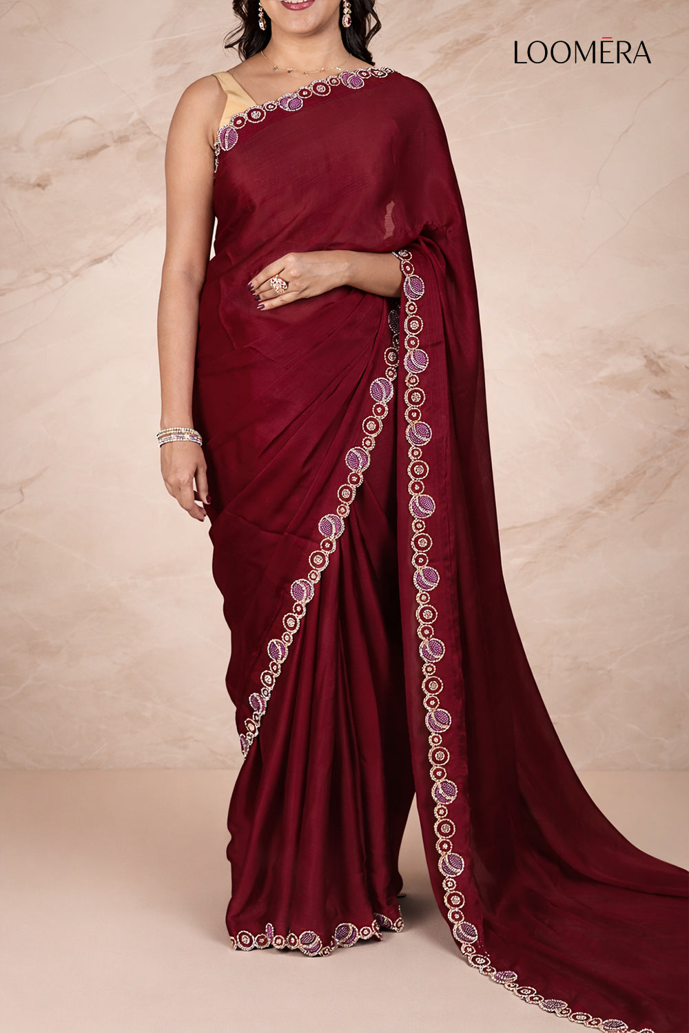 Rustic Red Saree with Stone Border