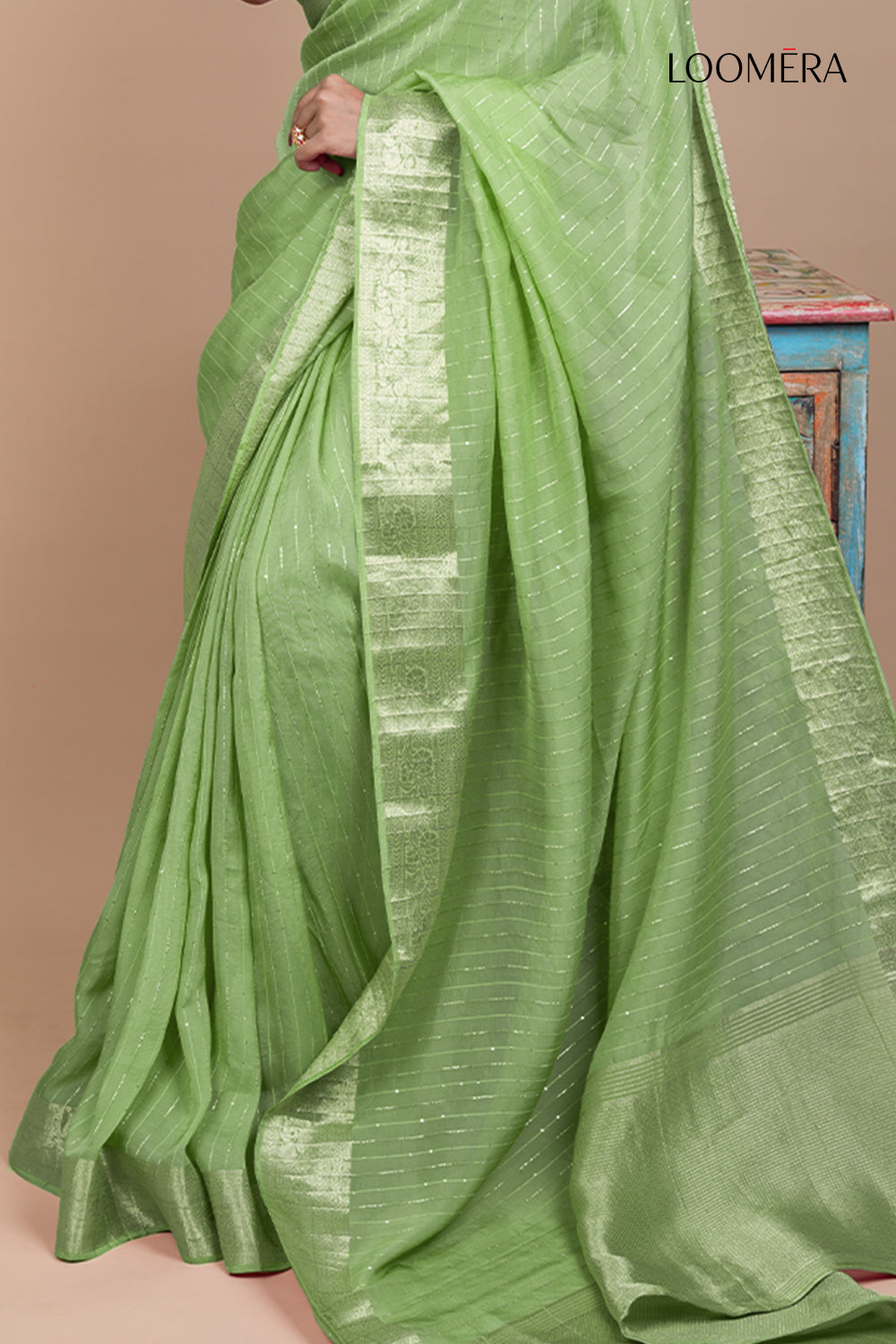 Sage Green Floral Zari Border Saree