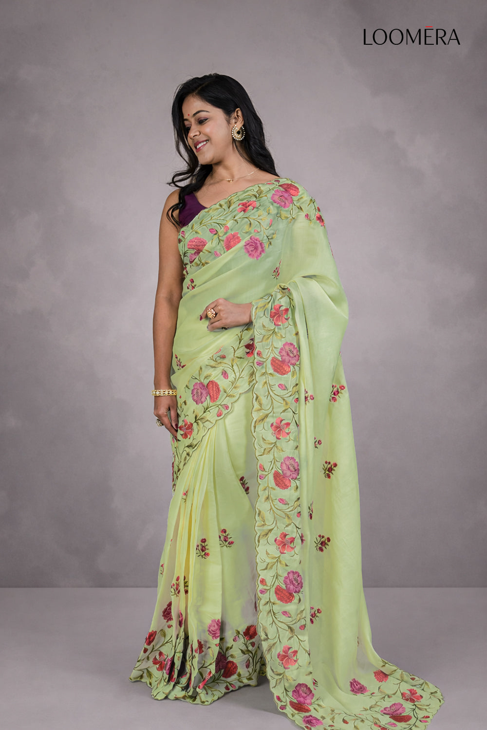 Sage Green Saree with Floral Work