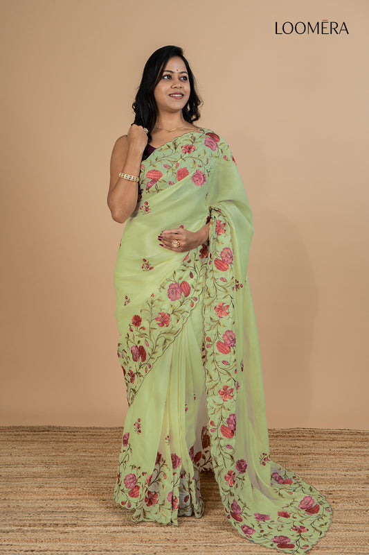 Sage Green Tussar Silk Saree with Scallop Border