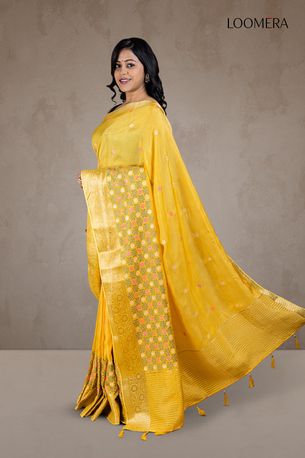 Saree with Threadwork Yellow Color