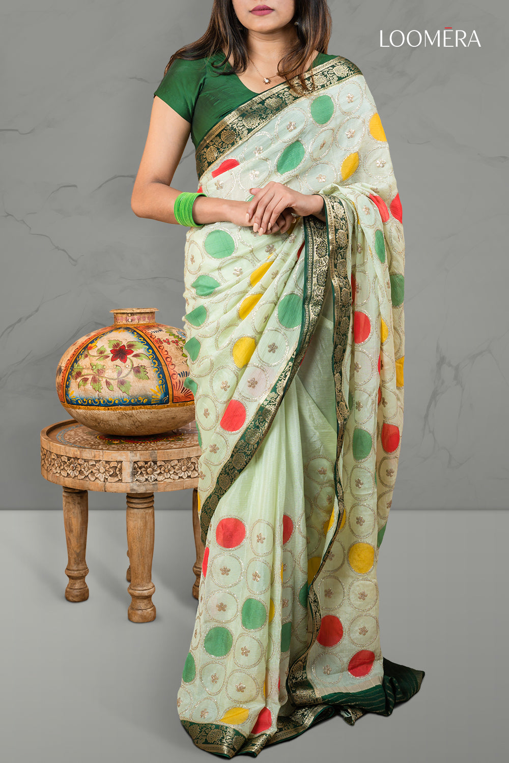 Saree with Zari Border Pista Green