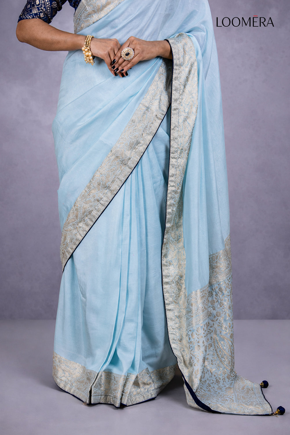 Silver Zari Border Pastel Blue Saree