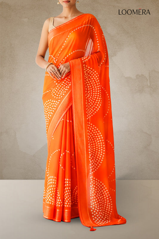 Sunset Orange Georgette Saree with Bandhani Prints