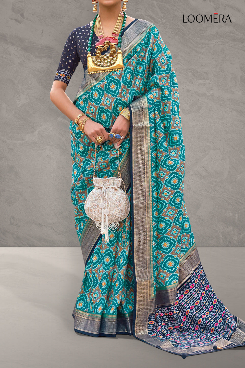 Teal Blue Printed Soft Silk Saree