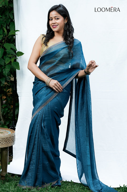 Teal Blue Saree Tissue Silk