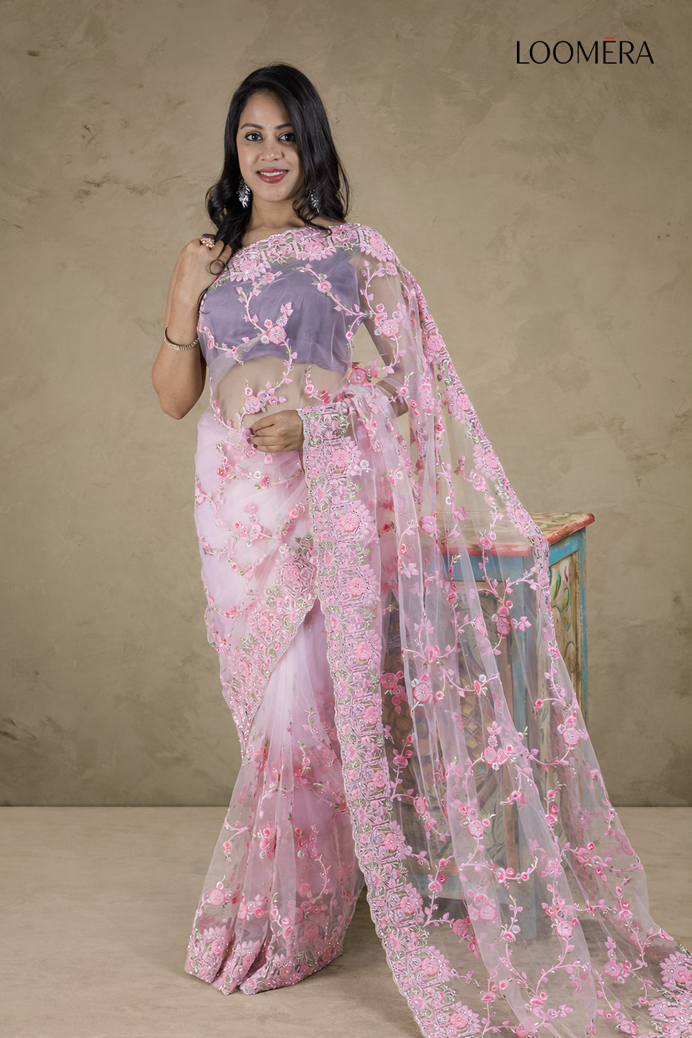 threadwork Saree Pink