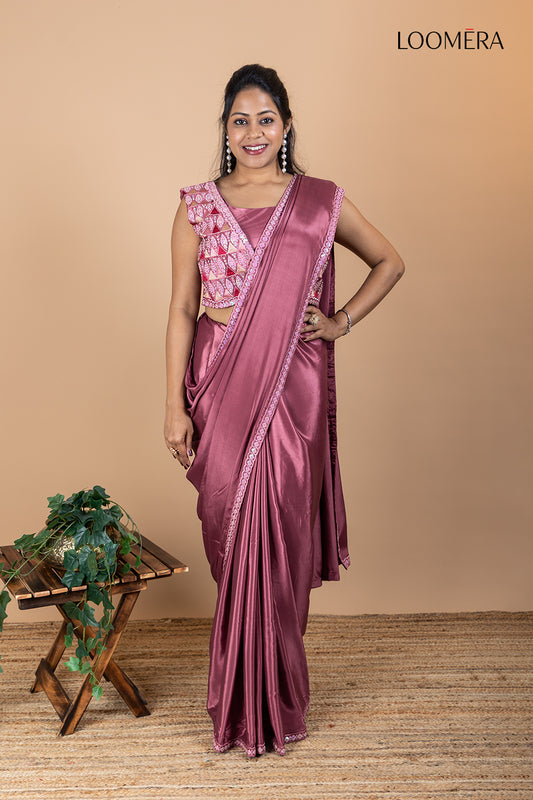 Turkish Rose Crepe Saree with Thread Work and Fancy Blouse