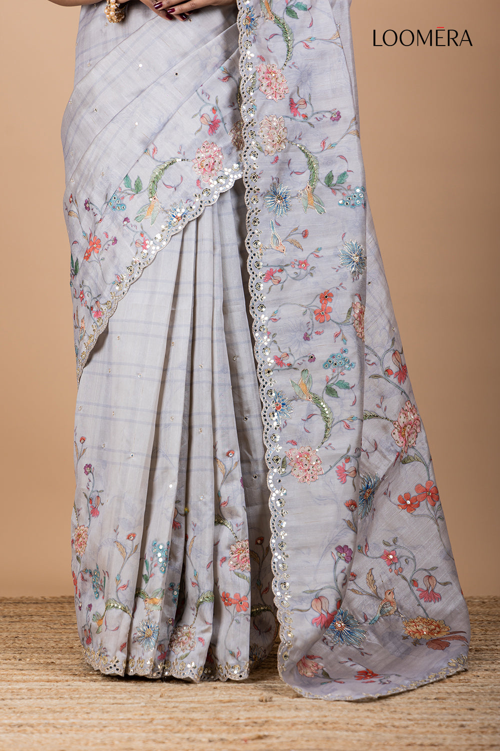 Tussar Silk Saree with Mirror Work and Scallop Border