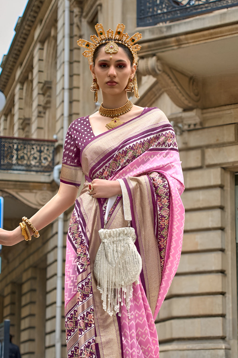 Viscose Pink Silk Saree with Patola Print