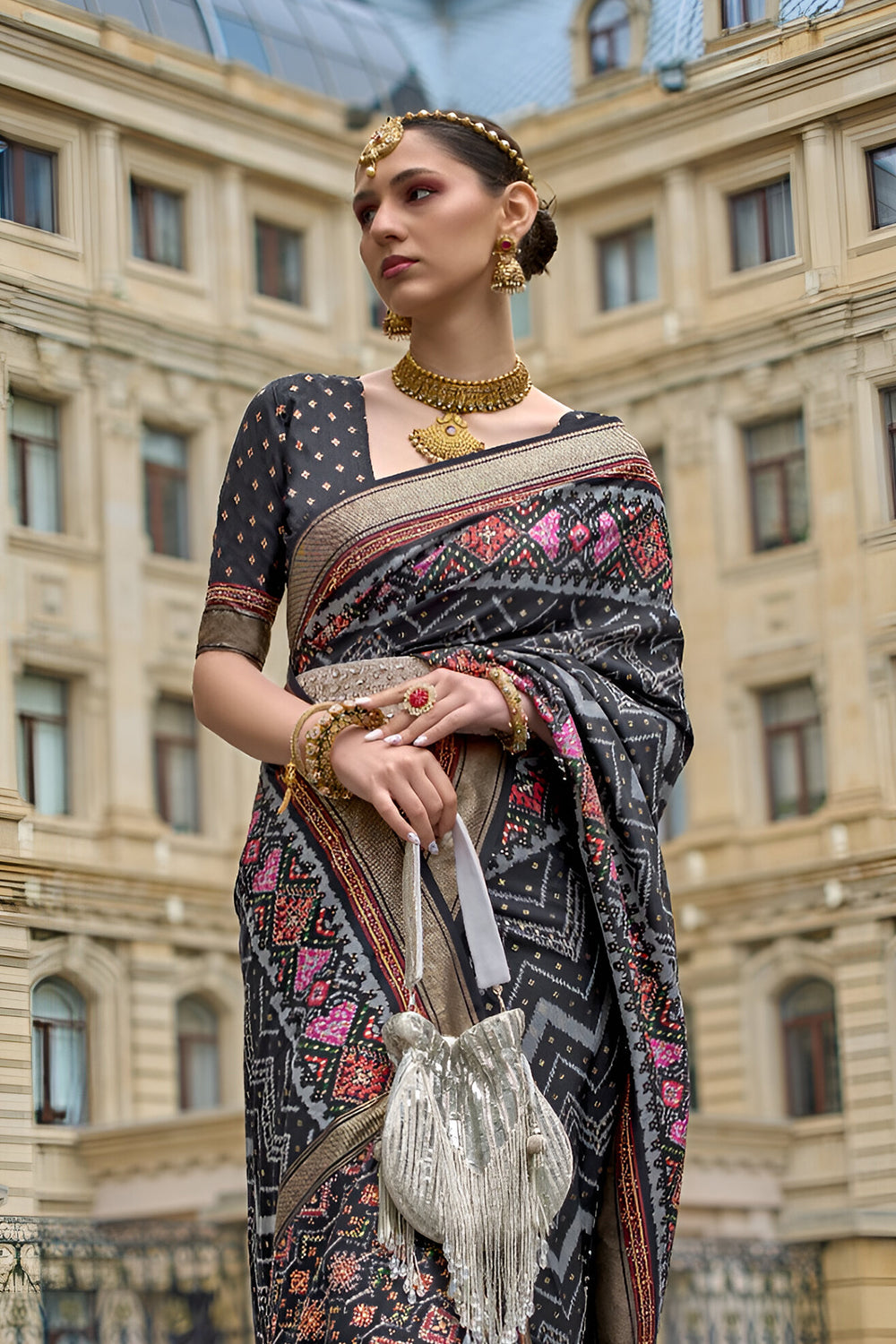 Viscose Silk Saree in Black with Patola Print