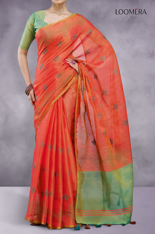 Vivid Red Cotton Silk Saree