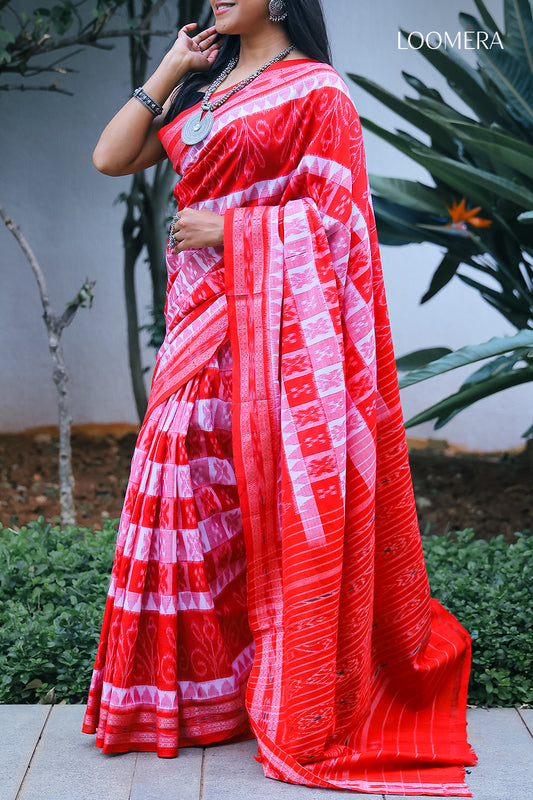 White and Red Sambalpuri Cotton Saree