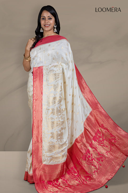 White Dola Silk Saree with Red Zari Border